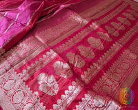 Palla close up on pink shaded red Banarasi handloom Katan silk saree showcasing weave