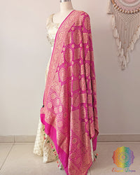 Pink banarasi meenakari bandhej dupatta drape side view