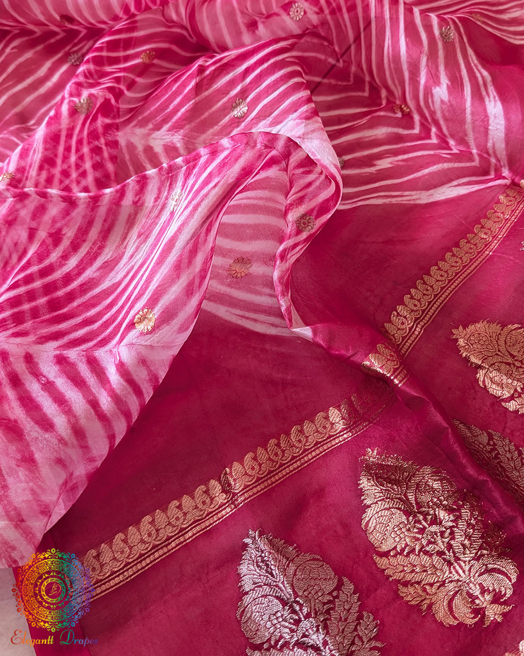 Close-up of Arashi Shibori detailing on Pink Banarasi Kora Silk Dupatta