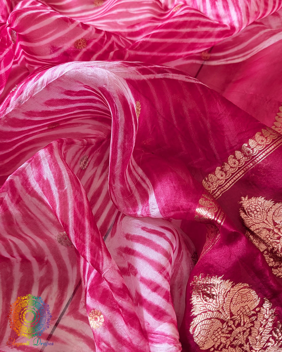 Close-up of Banarasi Handloom weave on Pink Kora Silk Dupatta