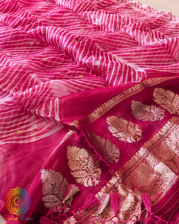 Pink Banarasi Handloom Kora Silk Arashi Shibori Dupatta full view