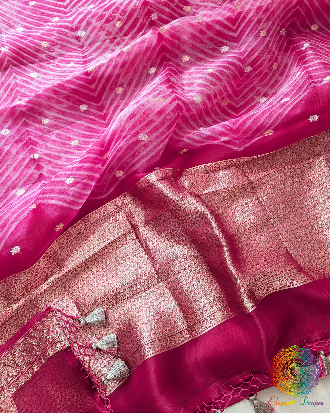Rani Pink Leheriya Pallu on Banarasi Handloom Kora Silk Saree