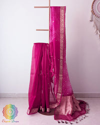 Rani Pink Banarasi Kora Silk Saree folded Pallu drape with Kadhuwa weave