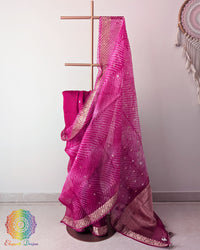 Rani Pink Banarasi Handloom Kora Silk Leheriya Saree draped view