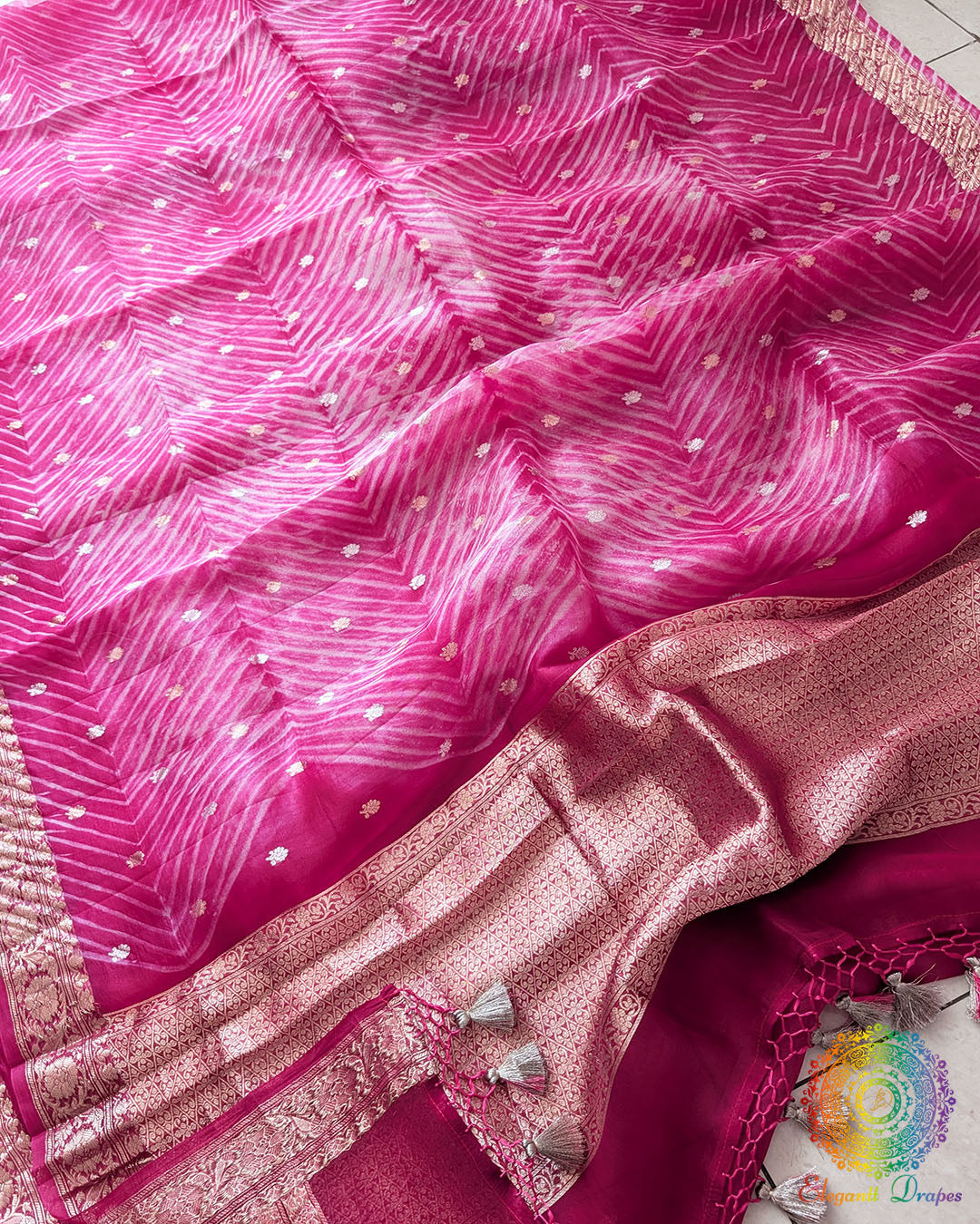 Close-up of Leheriya Pallu detailing on Rani Pink Banarasi Kora Silk Saree