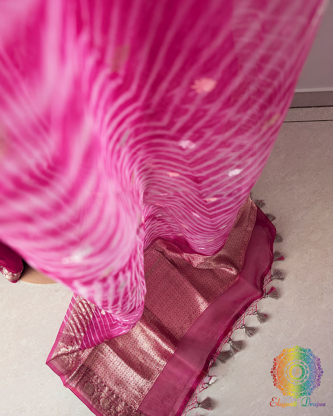Close-up of Kadhuwa Banarasi Weave and Zari Detailing on Rani Pink Kora Silk Saree
