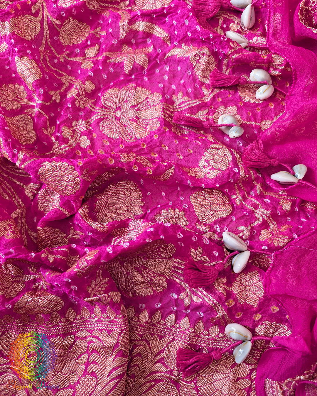 Kodi tassels on Pink Banarasi Khaddi Georgette Bandhani Dupatta