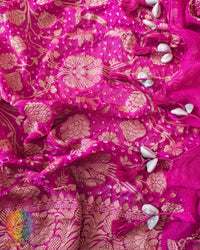 Kodi tassels on Pink Banarasi Khaddi Georgette Bandhani Dupatta
