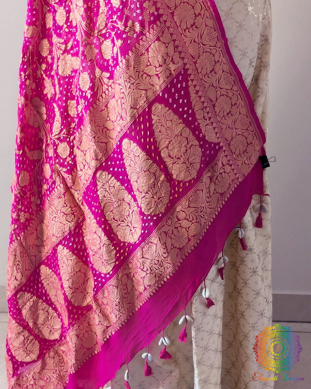 Close-up of Bandhani detailing on Pink Banarasi Khaddi Georgette Dupatta