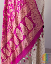 Close-up of Bandhani detailing on Pink Banarasi Khaddi Georgette Dupatta