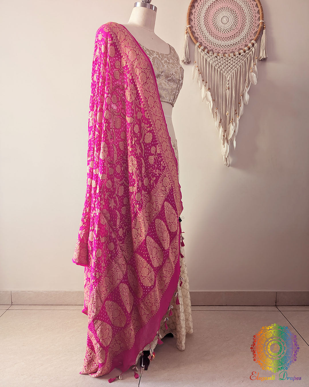 Pink Banarasi Khaddi Georgette Bandhani Dupatta side drape view