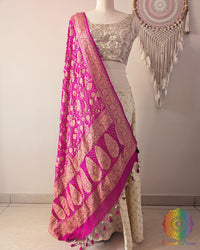Pink Banarasi Khaddi Georgette Bandhani Dupatta front drape view