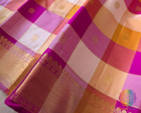Detailed view of the woven 2-Gram Gold Zari border on the Pink Gold Checked Pure Kanjivaram Silk Saree