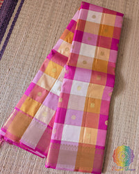 Pink Gold Checked Pure Kanjivaram Silk Saree with 2-Gram Gold Zari