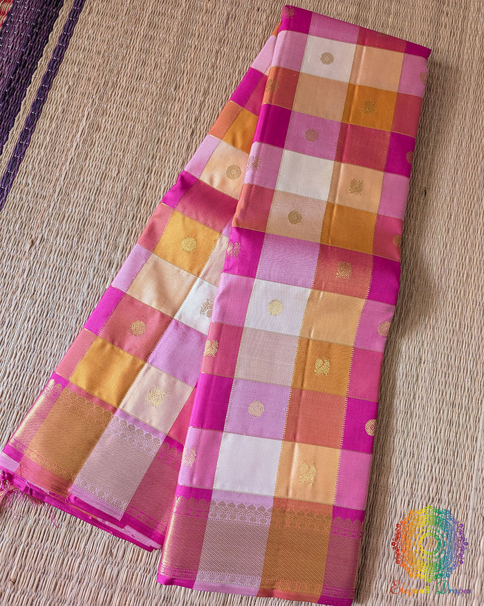Pink Gold Checked Pure Kanjivaram Silk Saree with 2-Gram Gold Zari
