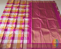 Pink Gold Checked Pure Kanjivaram Silk Saree with 2-Gram Gold Zari showcasing its elegant checked pattern and luxurious silk drape