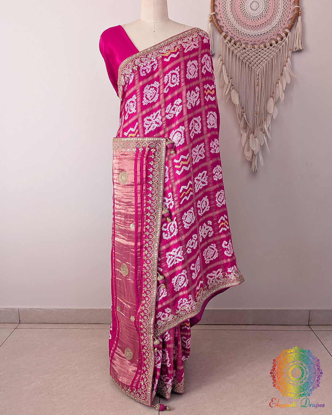 Rani Pink Gaji Silk Gharchola Saree with Gota Patti Handwork front drape