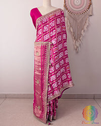 Rani Pink Gaji Silk Gharchola Saree with Gota Patti Handwork front drape
