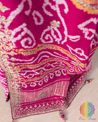 Full pallu view of the Rani Pink Gharchola Saree with traditional Bandhani check pattern