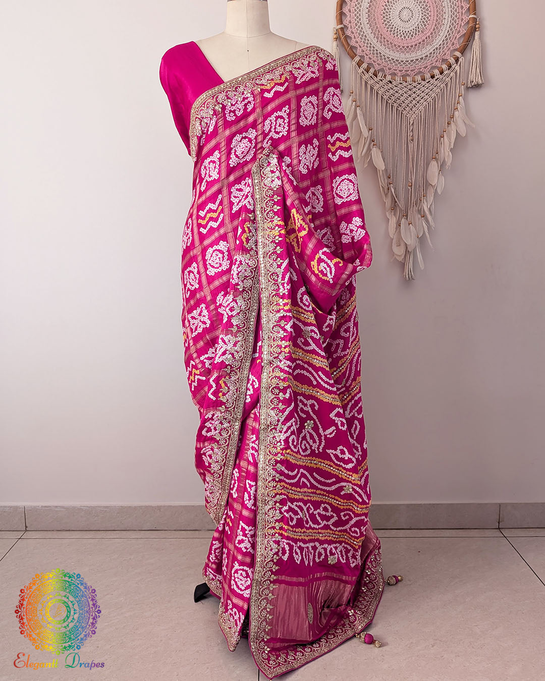 Rani Pink Gharchola Gaji Silk Saree with Bandhani motifs and Gota Patti pallu