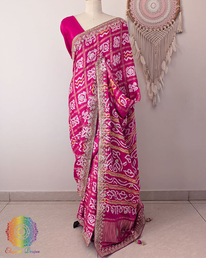 Rani Pink Gharchola Gaji Silk Saree with Bandhani motifs and Gota Patti pallu