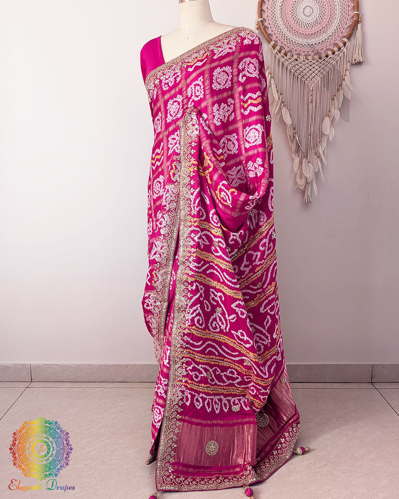 Side view of the Rani Pink Gaji Silk Gharchola Saree showcasing its elegant drape