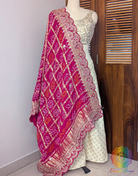 Rani pink gaji silk bandhani dupatta with gota patti scalloped border Elegantt Drapes