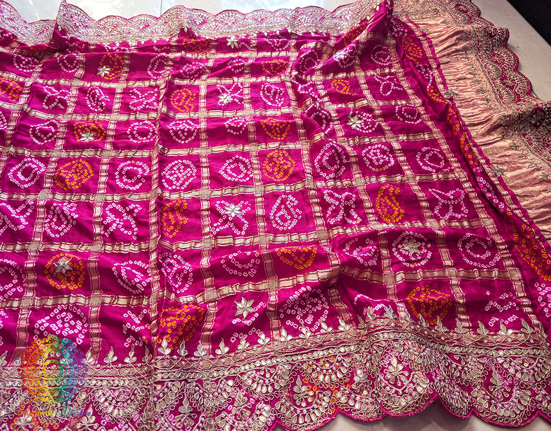 Rani pink gaji silk bandhani dupatta with gota patti scalloped border Elegantt Drapes open view