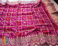 Rani pink gaji silk bandhani dupatta with gota patti scalloped border Elegantt Drapes open view