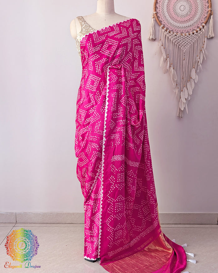 Rani pink gaji silk bareek bandhej saree on mannequin showing full drape and silhouette