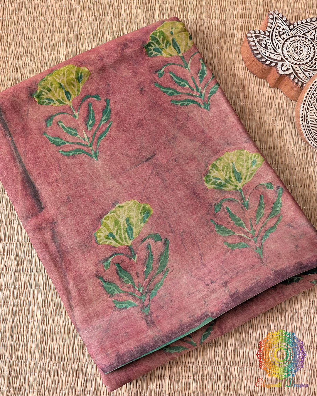 Terracotta Pink Nashpal Pomegranate Modal Tussar Saree folded view