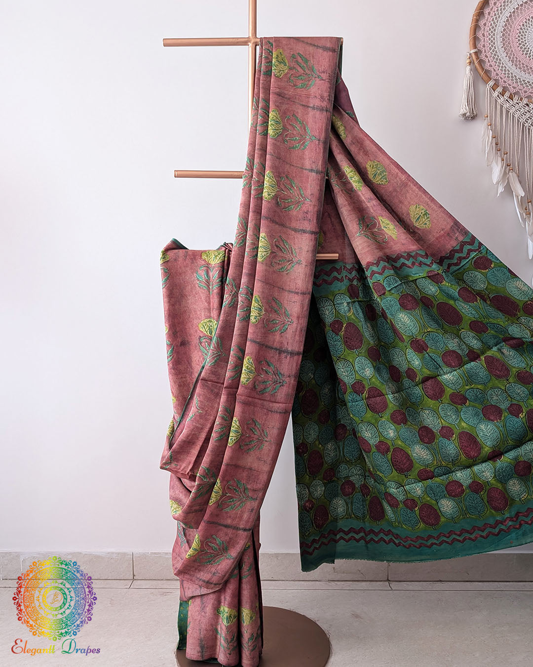 Open pallu view of Terracotta Pink Nashpal Pomegranate Modal Tussar Saree
