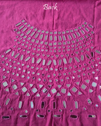 Back view of the Pink Kala Cotton Kutch Mirror Handwork blouse piece, showcasing detailed Kutch embroidery and real mirrors arranged in a decorative handcrafted design.
