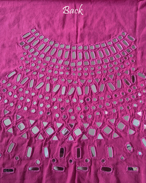 Back view of the Pink Kala Cotton Kutch Mirror Handwork blouse piece, showcasing detailed Kutch embroidery and real mirrors arranged in a decorative handcrafted design.