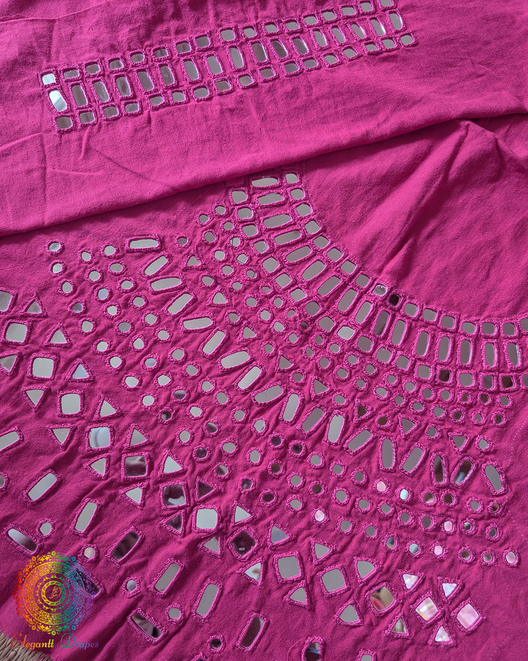 Pink Kala Cotton Kutch Mirror Handwork blouse piece featuring traditional thread embroidery and real mirror embellishments, ideal for customised ethnic blouse stitching.