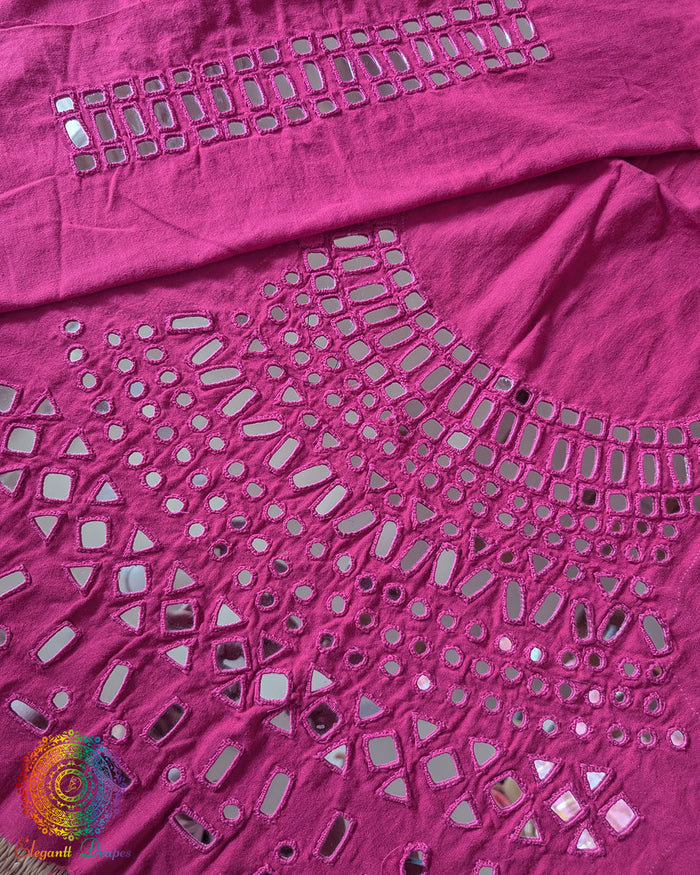 Pink Kala Cotton Kutch Mirror Handwork blouse piece featuring traditional thread embroidery and real mirror embellishments, ideal for customised ethnic blouse stitching.