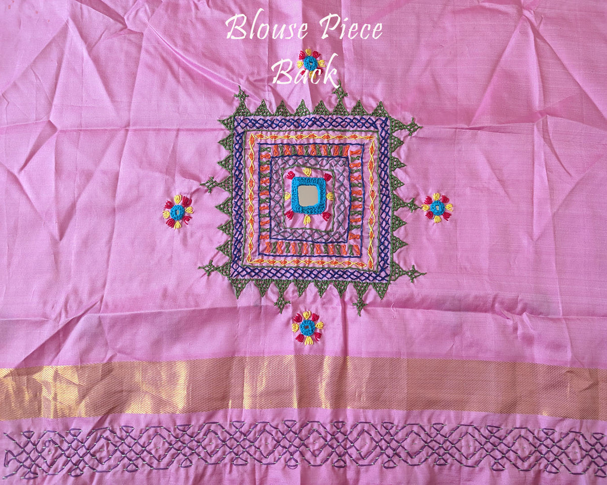 Blouse back view for the Pastel Pink Kanjivaram Silk Saree with Sindhur Lambani Handwork, showcasing the coordinating fabric and traditional embroidery details.