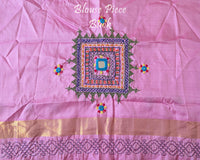 Blouse back view for the Pastel Pink Kanjivaram Silk Saree with Sindhur Lambani Handwork, showcasing the coordinating fabric and traditional embroidery details.
