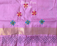 Blouse sleeve detail for the Pastel Pink Kanjivaram Silk Saree with Sindhur Lambani Handwork, highlighting the decorative stitching and handcrafted embellishments.