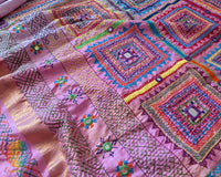 Pastel Pink Kanjivaram Silk Saree with Sindhur Lambani Handwork featuring a detailed view of the saree palla, highlighting the colourful Lambani embroidery and traditional design.