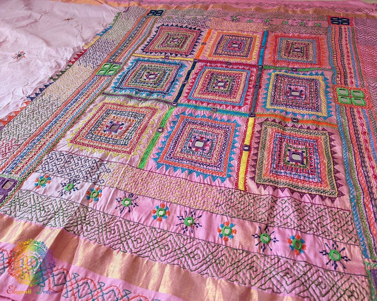 Pastel Pink Kanjivaram Silk Saree with Sindhur Lambani Handwork shown in a detailed full-saree view, highlighting its traditional design and elegant ethnic appeal.