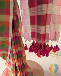 Pink Madras Checks Bengal Cotton Saree with Jamdani Palla