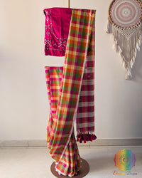 Pink Madras Checks Bengal Cotton Saree with Jamdani Palla