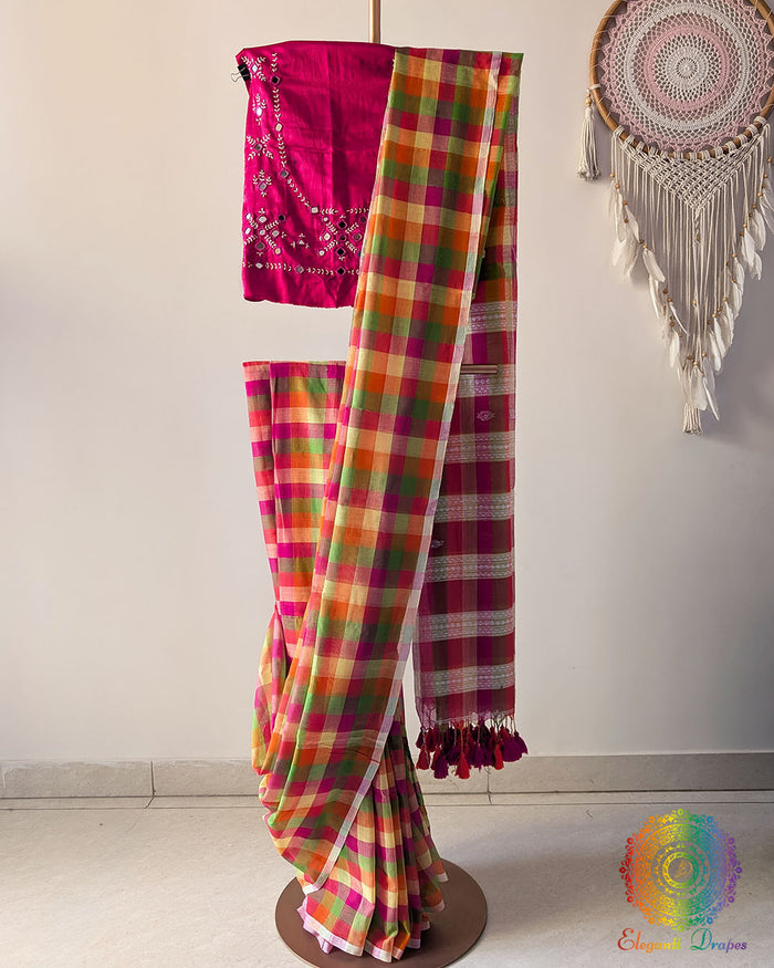 Pink Madras Checks Bengal Cotton Saree with Jamdani Palla