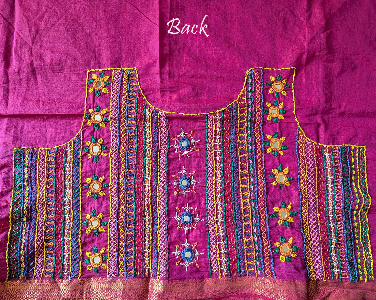Magenta Mangalgiri Cotton Lambani Embroidered Blouse Piece back with intricate hand embroidery