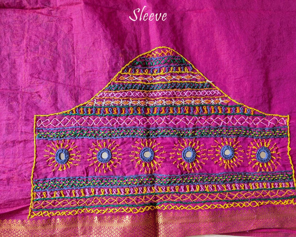 Close-up of Lambani embroidered sleeve on Magenta Mangalgiri Cotton Blouse Piece