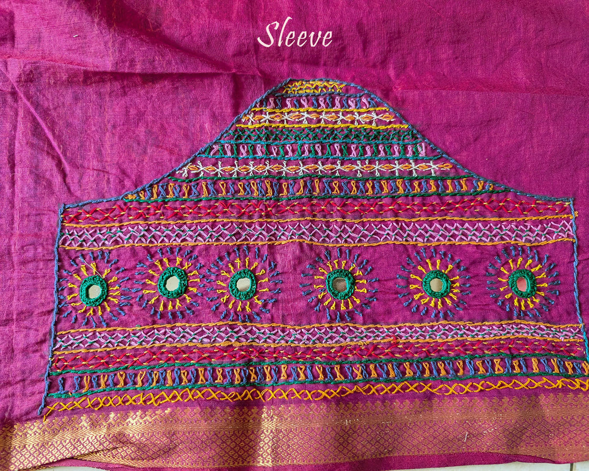 Close-up of Lambani embroidered sleeve on Pink Mangalgiri Cotton Blouse Piece