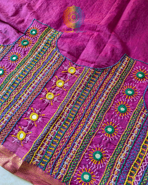 Close-up of Lambani hand embroidery on the back of Pink Mangalgiri Cotton Blouse Piece
