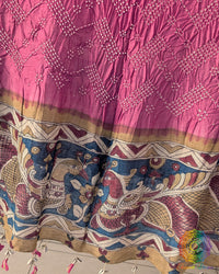 Close-up of the hand-painted Kalamkari border on the Onion Pink Muga Silk Dupatta