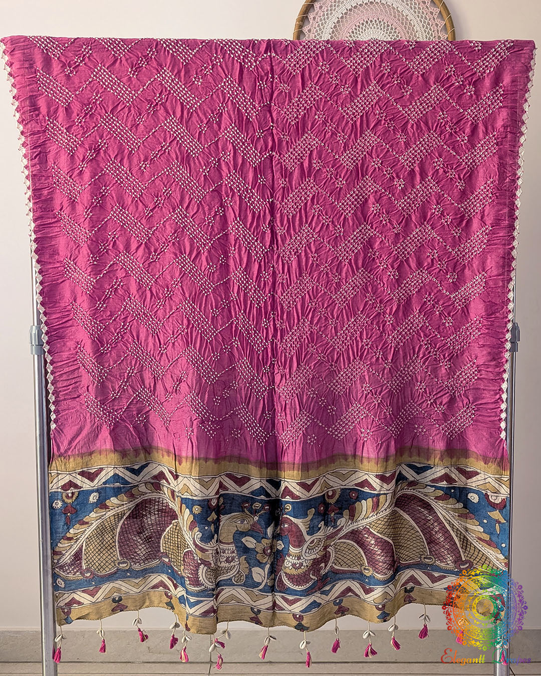 Onion Pink Muga Silk Dupatta with Bandhani body and hand-painted Kalamkari border